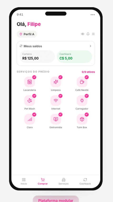 Aplicativo AppSpace mostrando serviços disponíveis para moradores